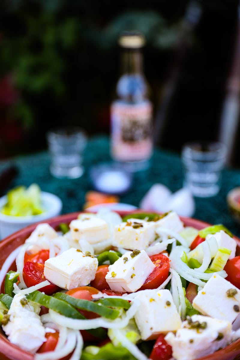 Vibrant Greek salad with feta, tomatoes, and onions, perfect for healthy eating.
